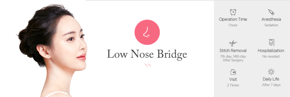 Low Nose Bridge operation time - 1hour / Anesthesia - sedation / Stitch Removal - 7th day, 14th day After Surgery / Hospitalization - No needed / Visit - 2times / Daily Life - After 7 days
