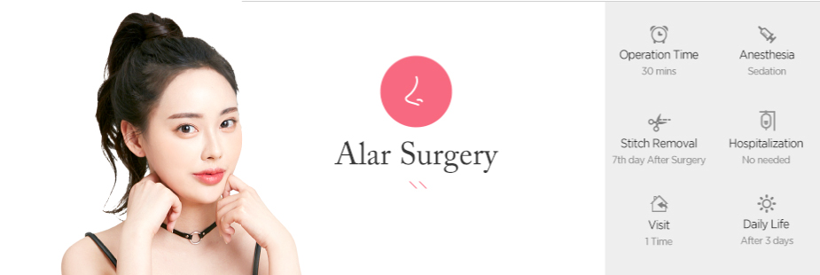 Alar Surgery operation time - 1hour / Anesthesia - sedation / Stitch Removal - 7th day, 14th day After Surgery / Hospitalization - No needed / Visit - 2times / Dailt Life - After 7 days