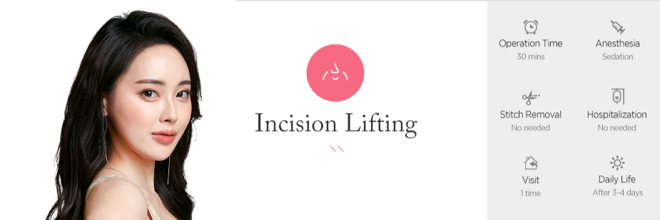 Incision Lifting operation time - 30 mins / Anesthesia - sedation / Stitch Removal - No needed / Hospitalization - No needed / Visit - 1 time / Daily Life - After 3~4 days